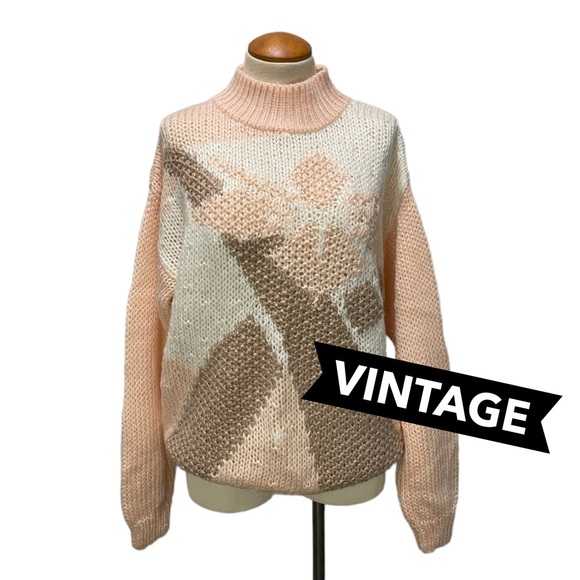 Erika Sweaters - VINTAGE HAND KNIT PASTEL PEACH SWEATER MOCK NECK FALL WINTER COTTAGECORE Y2K